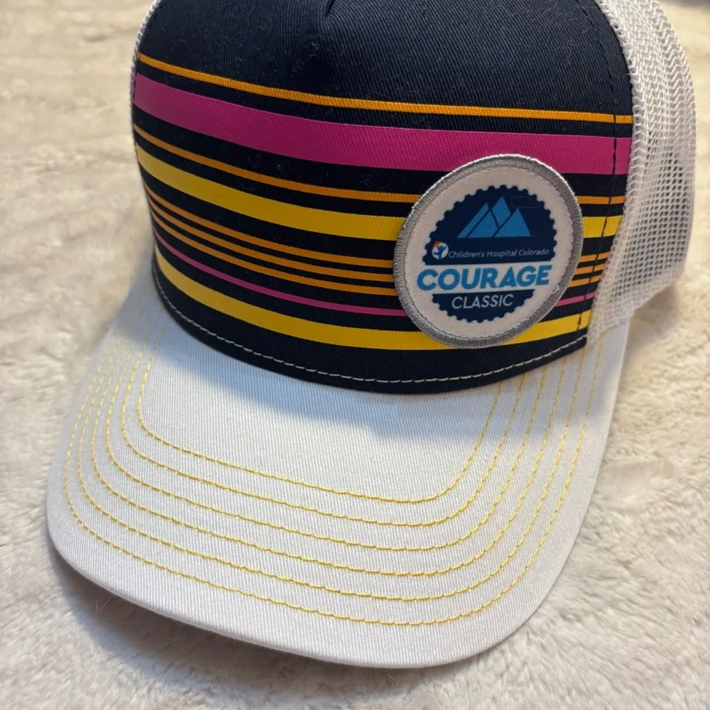 Trucker Hat White Striped Navy Yellow Pink Cap America CO Courage Classic Patch